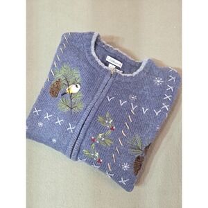 Croft & Barrow Women's S Blue Embroidered Winter Birds Zip Cardigan Sweater